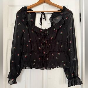 Tinseltown Black Sheer Floral Ruffle Tie-Front Blouse